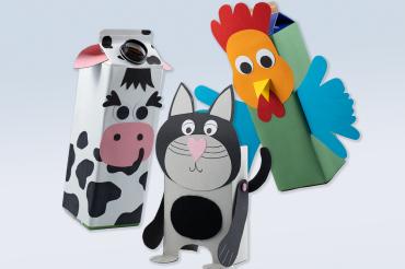 Selbstgebastelte tierische Spardosen aus Tetra Paks.