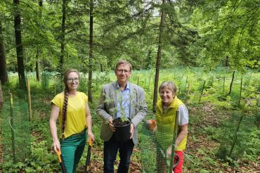 Karin Brechenmacher-Dumberger (links) pflanzte zusammen mit ihrer Mutter Julianna Brechenmacher (rechts) 6.000 Bäumen zugunsten des 100.000 Bäume Projekt des Landkreises, welches von Landrat Stefan Rößle (Mitte) initiiert wurde.