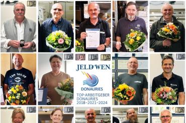 obere Reihe von links: Georg Kolland (40 Jahre) Vertrieb-Objekt, Kurt Stoll (35) Presse, Josef Link (35) und Michael Czech (35) Magazin, Josef Rieger (35) Endfertigung 2. Reihe von links: Wolfgang Hofmann (30) und Werner Beck (25) Arbeitsvorbereitung, Franz Brey (35) Oberfläche, Karlheinz Mayer (25) Servicedienst 3. Reihe von links: Petra Prießnitz (25) Vertrieb-Objekt, Silke Ganzenmüller (25) Magazin, Alfred Wenninger (25) und Martin Faaß (25) Endfertigung, Sepp Offinger (40) Presse,  untere Reihe von link