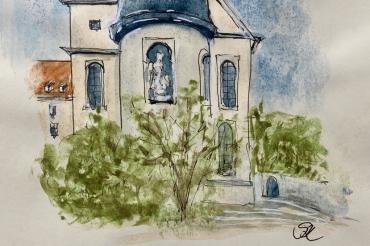 Aquarellierte Zeichnung des Klosters Maihingen.