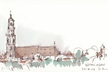 Ansicht der Kirche St. Georg in Nördlingen, Zeichnung von Walter Diem.