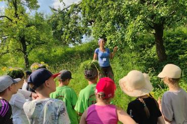 Umweltpädagogin Bianca Brandner erkundet mit den Schülern und Schülerinnen der Grundschule Reimlingen die Vielfalt der Streuobstwiese am Ortsrand von Reimlingen