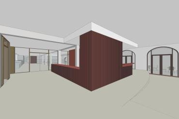 Ein erster Entwurf für den Eingangsbereich von Stadtbibliothek, Touristinformation und Lesecafé im Erdgeschoss des Tanzhauses. 