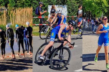 Das Bild zeigt Joel Westphal auf dem Rad und Nina Mayer beim Zieleinlauf.