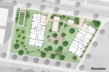 Zwei sechsgeschossige Gebäude im Herzen des Alfred-Delp-Quartiers sollen nicht nur Wohraum schaffen, sondern auch Treffpunkt und Gemeinschaftsort werden. 