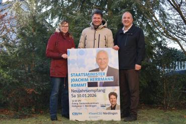 CSU-Ortsvorsitzende Maximiliane Böckh, OB-Kandidat Udo Dreher und Stellvertreter Karl Scherlin laden herzlich zum Neujahrsempfang der CSU Nördlingen ein. 