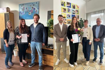 Auf dem Foto (v.l.n.r.):  Maria Dietrich (Praxisanleitung der Auszubildenden), Lisa Kraus (Absolventin), Johannes Eißner (Hausleitung), Florian Straßer (Prokurist), Linda Schön (Absolventin), Anja Offinger (Ausbilderin), Manfred Steger (Geschäftsführer)