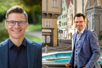 Das Bild zeigt die Oberbürgermeister der Großen Kreisstädte Nördlingen und Donauwörth. Nördlingens Oberbürgermeister David Wittner (links) und Donauwörths Oberbürgermeister Jürgen Sorré .