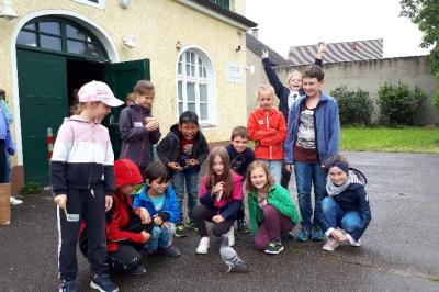 Die Jungs und Mädels vom Sommerferienprogramm freuten sich über den Besuch einer Brieftaube.