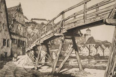 Albert Meyer-Gröbenzell, Hochwassersteg in Harburg, Radierung, o. J.