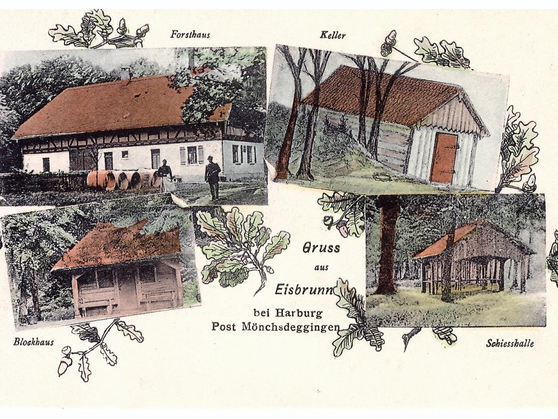 Ein Gruß aus Eisbrunn bei Harburg. Die Karte stammt aus dem Harburger Verlag Spielberger, etwa um 1900.