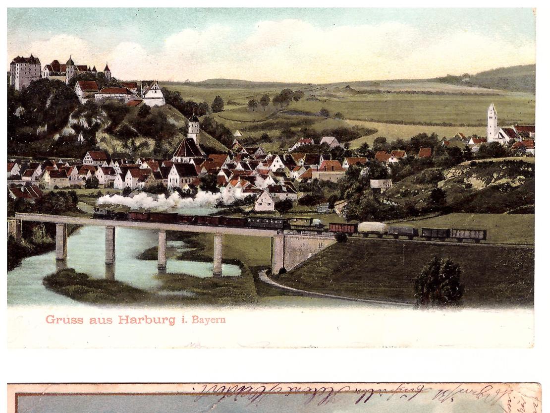 Oben: Sieht man die Harburger Eisenbahnbrücke mit einer Dampflock, mit dem Hintergrund der schönen Burg. Unten: Sieht man Harburg in gemalter Form. Auch hier ist schön zu sehen, dass der Egelsee noch nicht ausgebaut war.