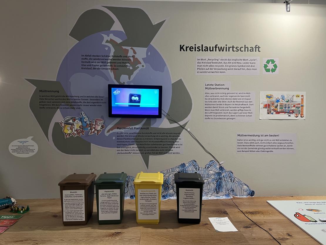 Das Bild zeigt die Ausstellung „Bist du noch zu retten? Nachhaltigkeit – bierernst & bleischwer!“