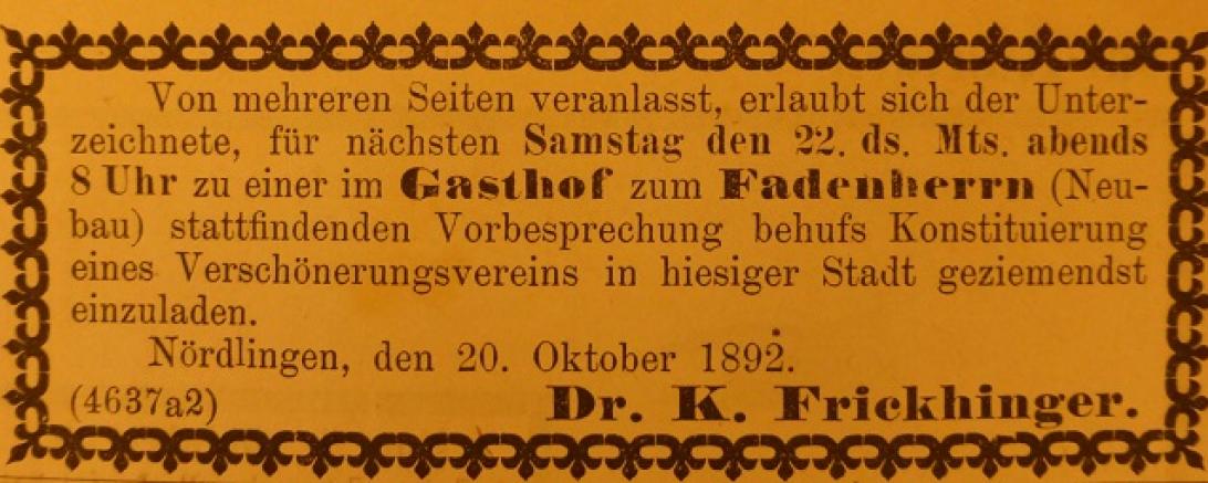 Anzeige_Verschönerungsverein_Einl. z. Gründungsbespr. am 22. Okt. 1892_Nördl. Anzeigebl. 21.10.1892