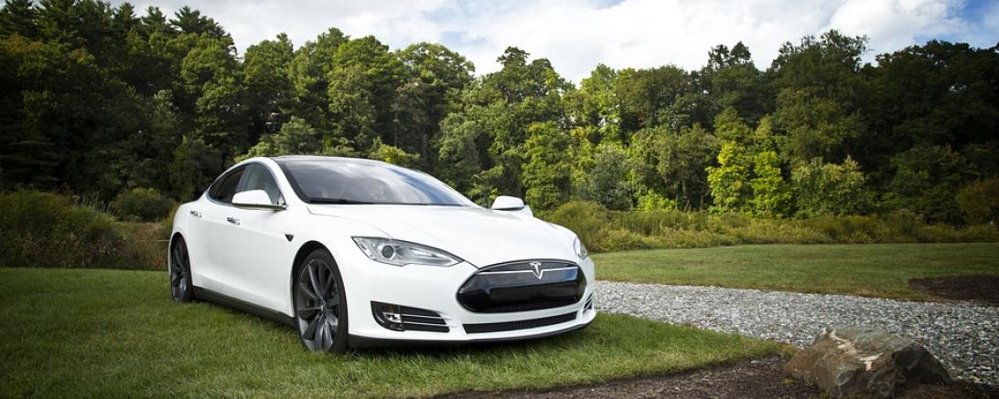 Das Bild zeigt einen Elektroauto auf einer Wiese. 