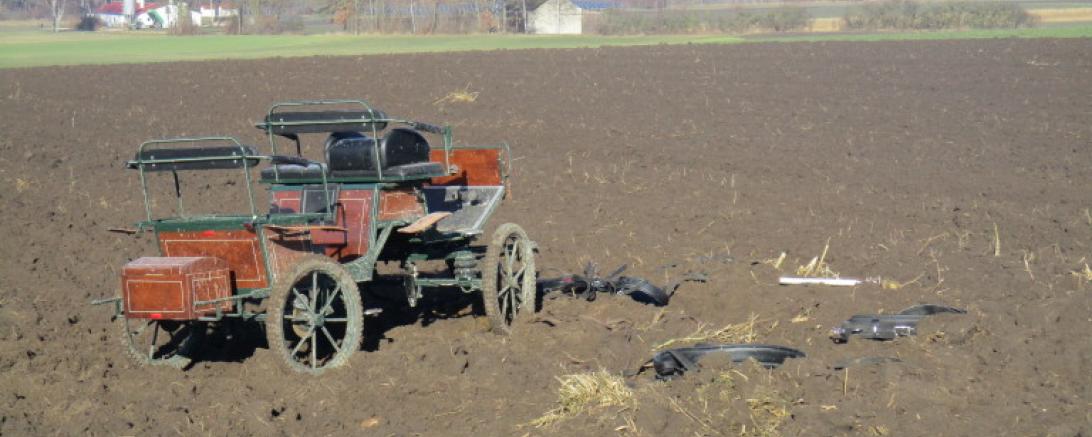 Das Bild zeigt eine beschädigte Kutsche. 