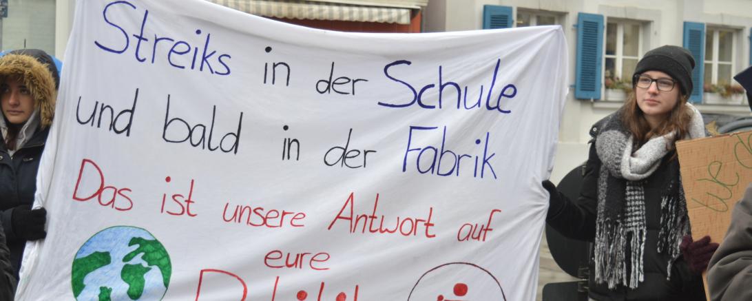 "Streiks in der Schule und bald in der Fabrik. Das ist unsere Antwort auf eure Politik" steht auf einem Transparent.