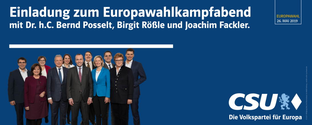Das Bild zeigt das Banner der CSU zum Europawahlkampfabend.