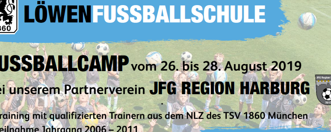 Das Bild zeigt ein Plakat der Löwenfußballschule-Fußballcamp in Harburg.