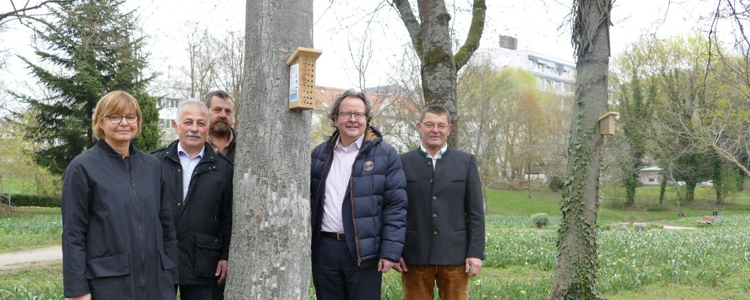 Im Rahmen des Religionsunterrichts haben die katholischen Schüler der 9. Klassen der Privaten Wirtschaftsschule Donauwörth mehrere Wildbienenhäuser gefertigt. Auf dem Bild zu sehen von links: Schulleiterin Gabriele Braun, Kapfer, Stadtgärtner Franz Gruber, Oberbürgermeister Armin Neudert und Sepp Vogel. 