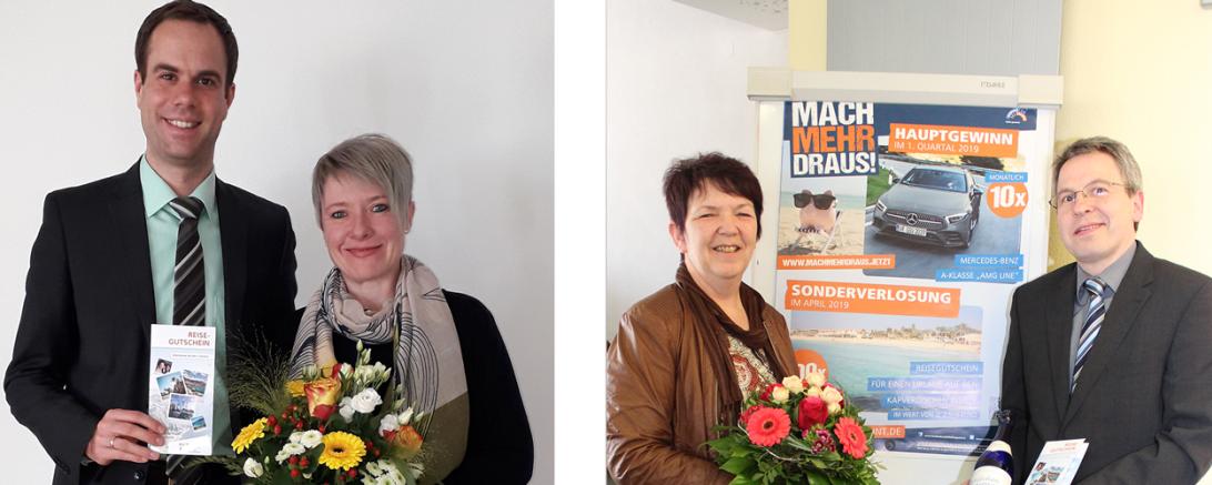 Bild links: Privatkundenberater Michael Bernet und Gewinnerin Sonja Böck. Bild rechts: Gewinnerin Sieglinde Grunenberg und Geschäftsstellenleiter Jürgen Roßmann.