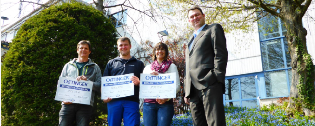 Sie können ihren Verein mit dem Geld der Mitarbeiterförderung finanziell unterstützen: Rainer Masche, Tobias Rieß und Carolin Käfferlein mit OeTTINGER Geschäftsführer Bernhard Wenninger.