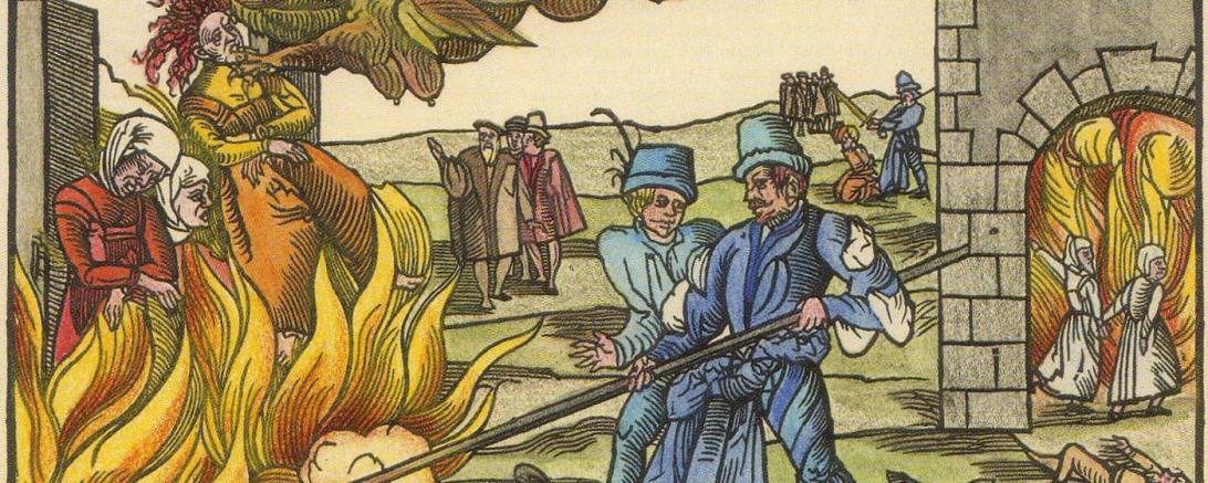 Flugblatt mit der Darstellung einer Hexenverbrennung, 1555.