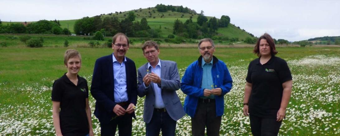 Die Vorstandschaft zusammen mit den Geschäftsführerinnen des Landschaftspflegeverbandes Donau-Ries e.V. (LPV) in einer artenreichen Wiese bei Heroldingen. Das Bild zeigt (v.l.n.r.): Michaela Schneller (stellv. Geschäftsführerin LPV), Karlheinz Götz (Vertreter der Landwirtschaft, 2. Vorsitzender), Landrat Stefan Rößle (Vertreter der Politik, 1. Vorsitzender), Kurt Kroepelin (Vertreter des Naturschutzes, i.V. von Jürgen Scupin 3. Vorsitzender), Nadine Kühnert (Geschäftsführerin LPV).
