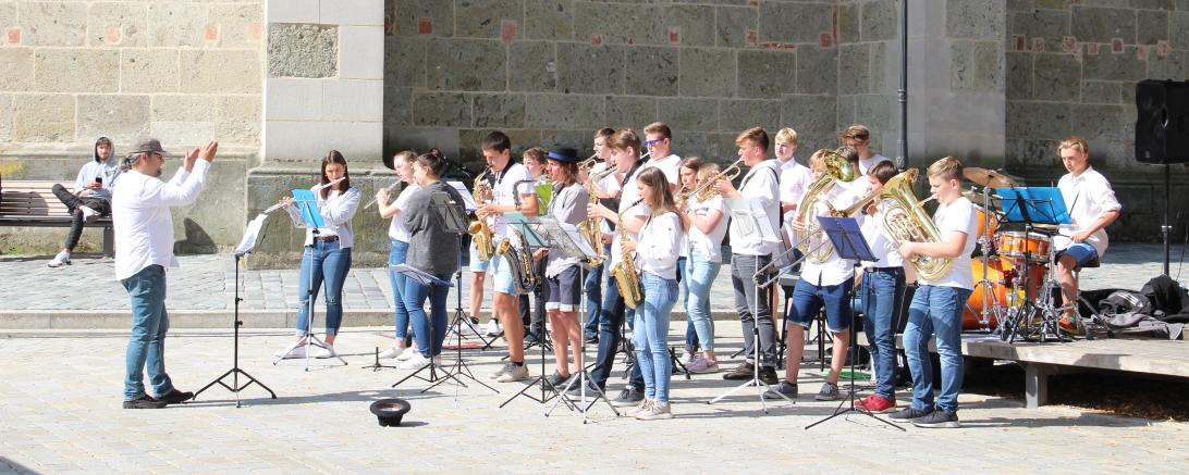 Das Bild zeigt die Schüler des Albrecht-Ernst-Gymnasiums Oettingen bei ihrem Flashmob auf dem Marktplatz in Nördlingen.