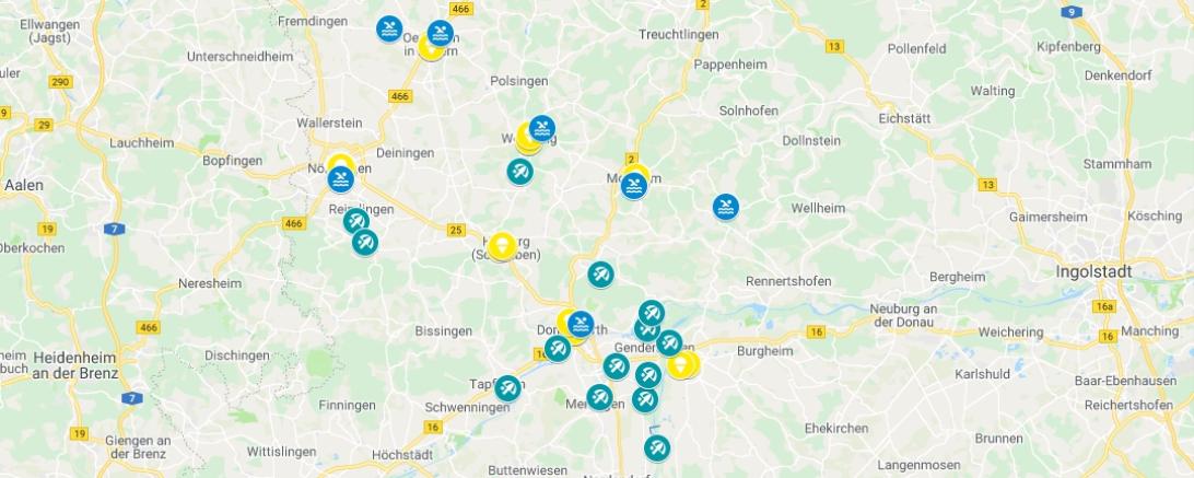 Karte der Eisdielen, Freibäder und Badeseen in der Region