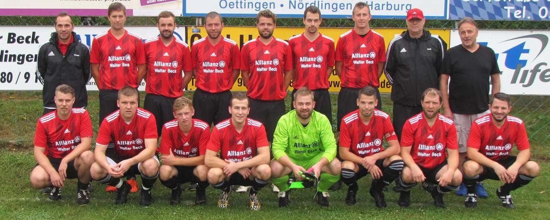 Abgebildet ist die erste Fußballmannschaft der SG Großsorheim/Hoppingen mit Sponsor Walter Beck (stehend, 1. von rechts)