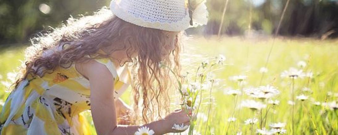 Das Bild zeigt ein Mädchen, welches Blumen pflückt