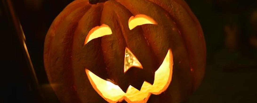 Das Bild zeigt einen geschnitzten Kürbis für Halloween