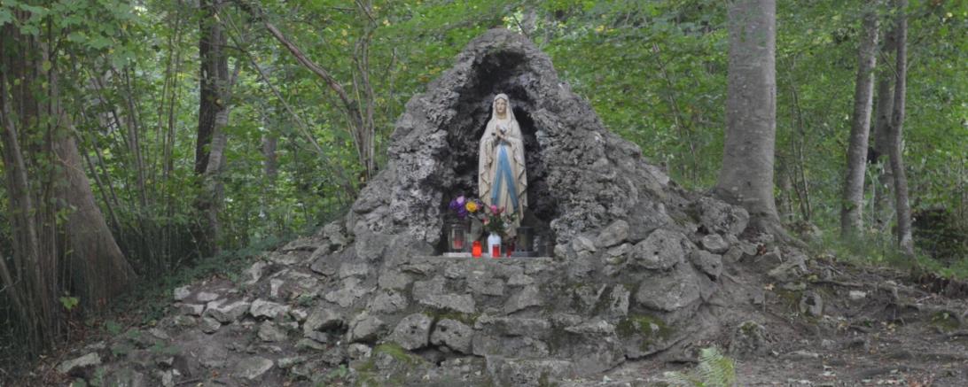 Das Bild zeigt die Oberndorfer Lourdesgrotte im Auwald.