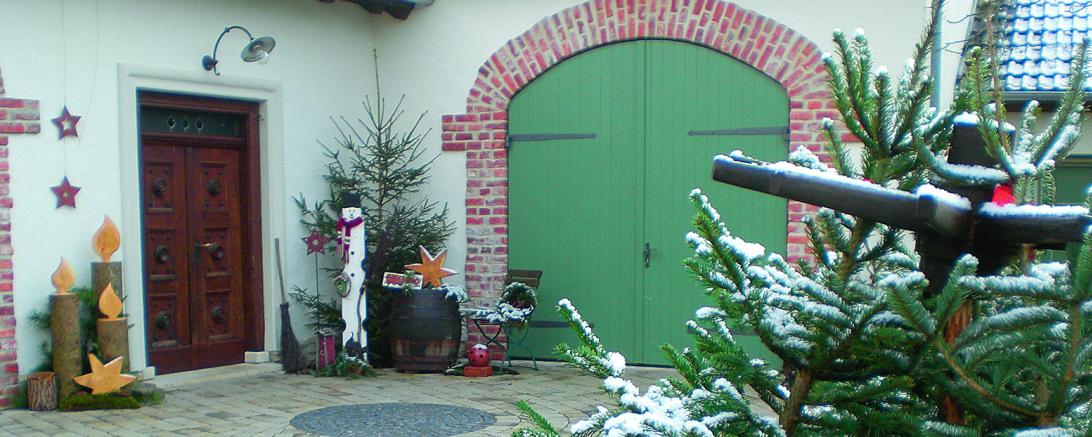 Ein schneebedeckter Nadelbaum in einem Hof