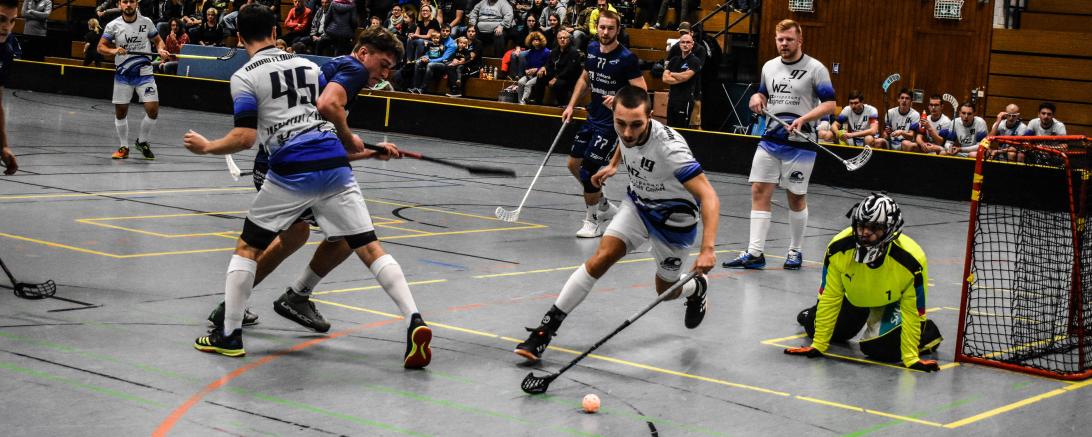 Das Bild zeigt in weiß Donau Floorball in blau Floor Fighters Chemnitz.