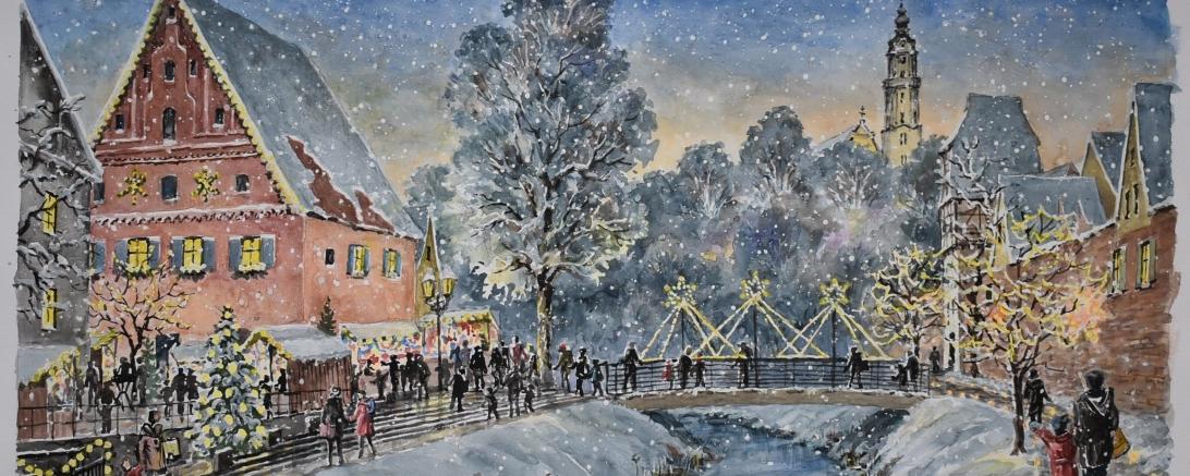Ansicht des Romantischen Weihnachtsmarktes von Christ Knitl, Aquarell, 2019.