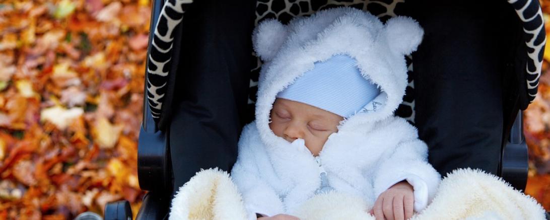 Das Bild zeigt ein Baby in einem Kinderwagen 