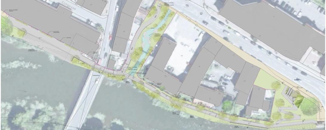 Das Bild zeigt einen Bauplan der Uferpromenade mit Umgestaltung des Kaibachs
