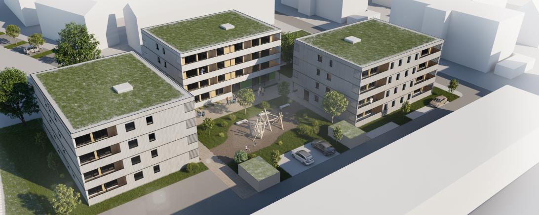 Computergrafik von drei Mehrfamilienhäusern