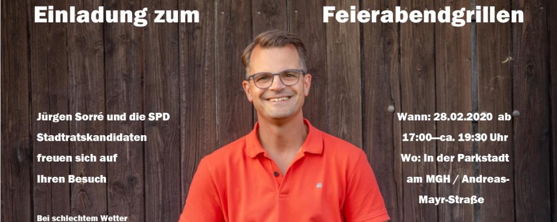 Am Freitag, den 28. Februar findet am „Haus der Begegnung“ in der Parkstadt ab 17 Uhr ein „Feierabendgrillen mit den SPD-Stadtratskandidaten und dem OB-Kandidaten Jürgen Sorré statt. 
