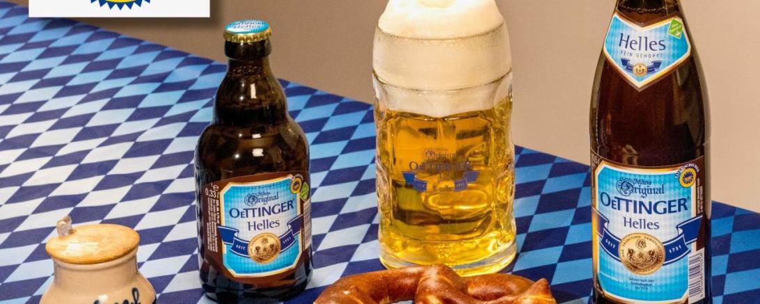 Oettinger Helles mit dem Herkunftssiegel "Bayerisches Bier"