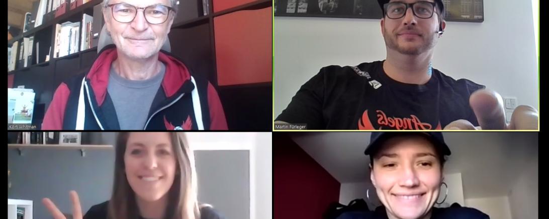 So werden in Corona-Zeiten Verträge unterzeichnet, oben die sportliche Leitung mit Kurt Wittmann (links) und Martin Fürleger, unten die beiden Kapitäne Laura Geiselsöder (links) und Magaly Meynadier.