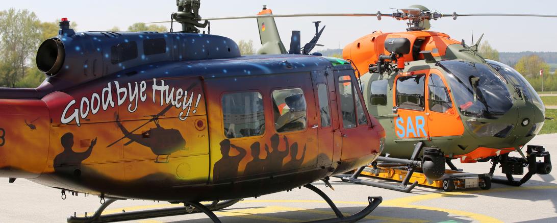 Am vergangenen Freitag wurde im Werk Donauwörth die vierte H145 in der Konfiguration als Rettungshubschrauber LUH SAR an die Bundeswehr ausgeliefert. Mit dabei war gestern auch eine Maschine vom Typ UH-1D in einer besonderen Lackierung.