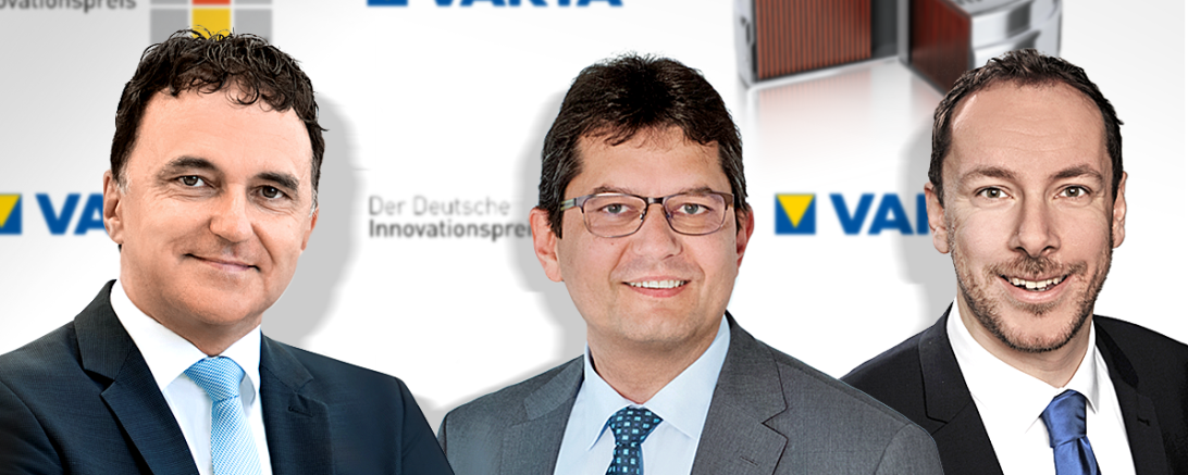 Freuen sich über die Verleihung des deutschen Innovationspreises (von links): Herbert Schein, Vorstandsvorsitzender VARTA AG, Rainer Hald, CTO VARTA Microbattery GmbH/VARTA Storage GmbH und Andreas Fritz, Head of Global Marketing, VARTA Microbattery GmbH. 