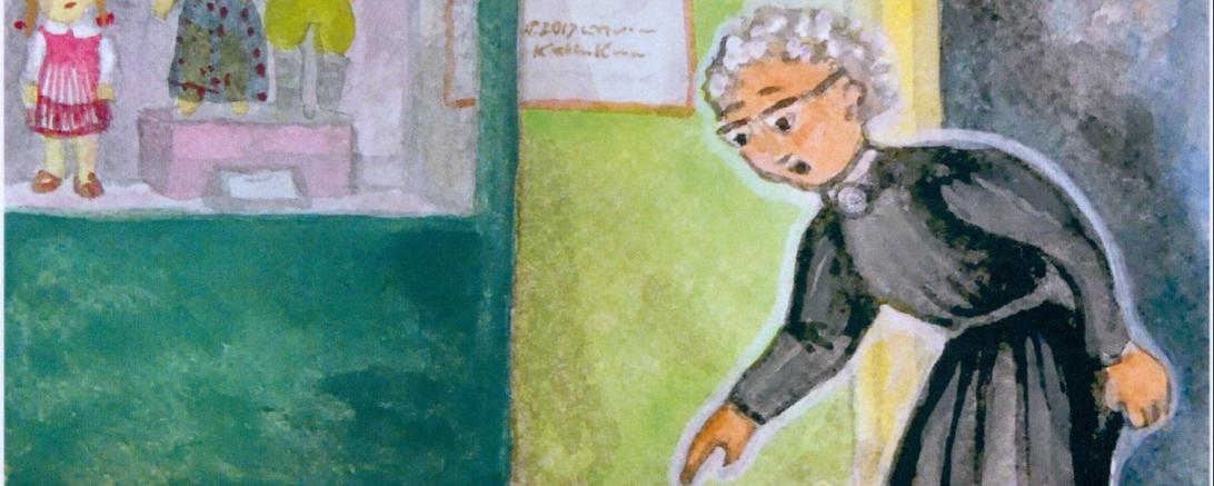 Kinderbuchillustration mit Maus, Puppen und alter Frau