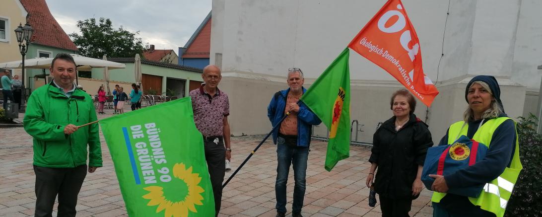 Fünf Personen am Münsterplatz mit Fahnen der Grünen und der ÖDP