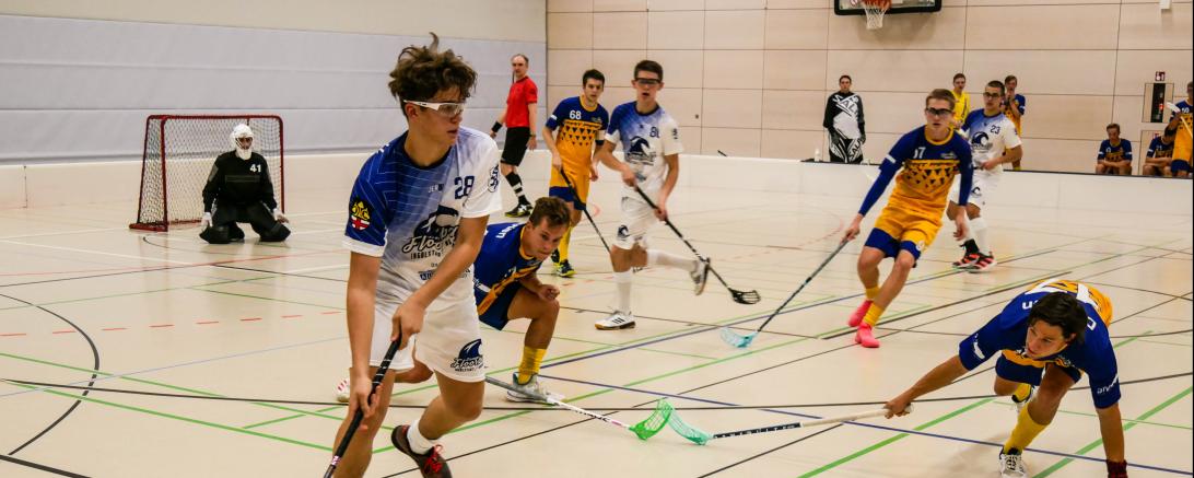 Auf dem Bild zu sehen: Newcomer David Kraus Nr. 28 in weiß mit dem ersten Saisontor für Donau Floorball