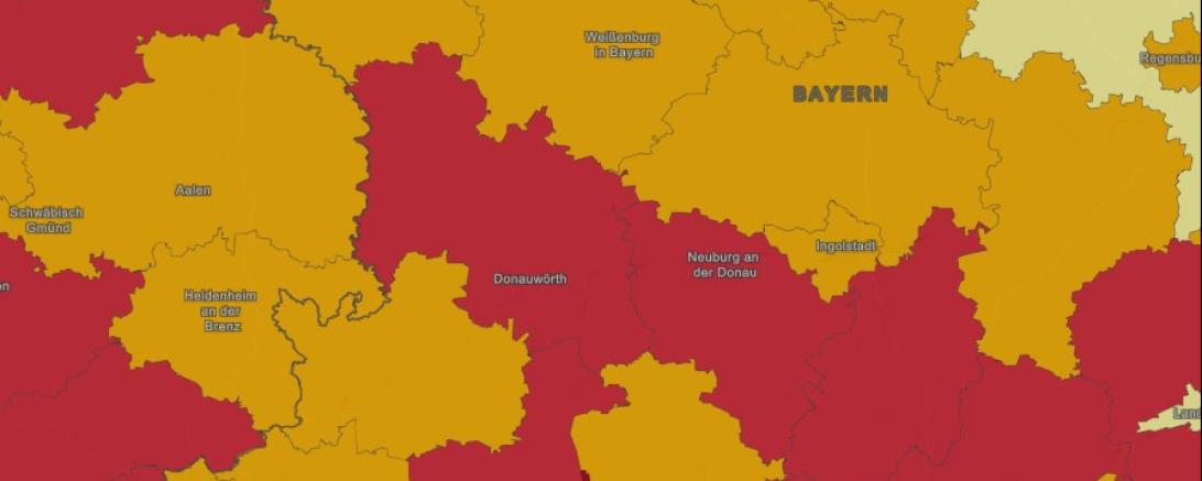 Karte mit farblich Markierten Landkreisen, unter anderem ist der Landkreis Donau-Ries rot eingefärbt. 