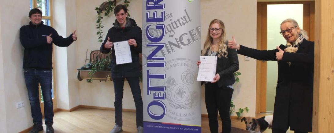 Hervorragende Abschlussergebnisse sorgen für große Freude bei OeTTINGER (von links): Johannes Lutz (Braumeister und Ausbilder), Benedikt Mayer (Brauer und Mälzer) Franziska Jung (Fachkraft für Lebensmitteltechnik) und Pia Kollmar (Geschäftsführerin)